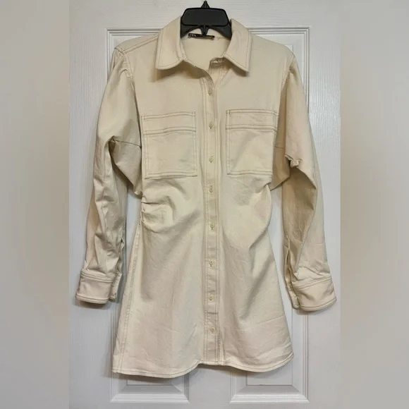 Zara long sleeve mini ivory cream ecru denim shirt dress with ruched detail. S - Picture 3 of 6